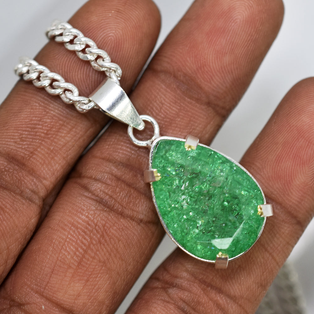 Zambian Green Emerald 37 Ct Natural CERTIFIED 925 Starling Silver Pear Pendant