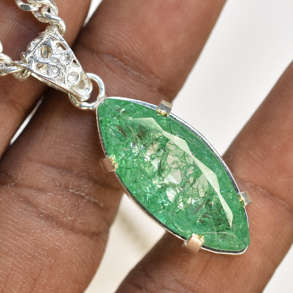 CERTIFIED 925 Sterling Silver 40 Ct Natural Green Emerald Marquise Gems Pendant