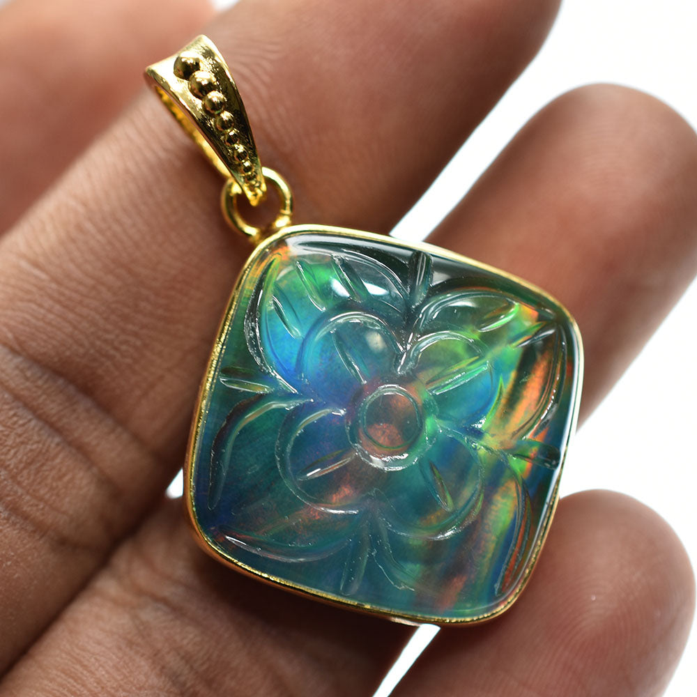 Multicolor 37.55Ct Natural Opal CERTIFIED 18K Gold Plated Square Cushion Pendant