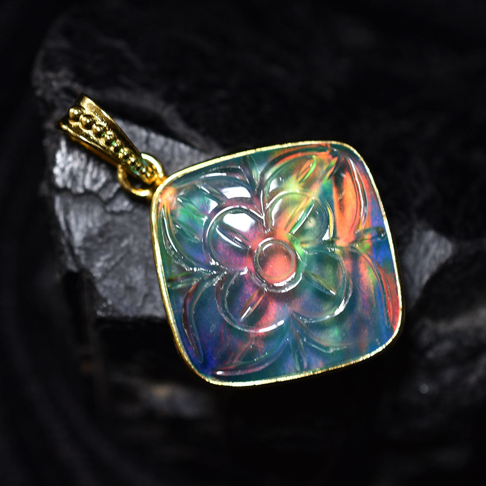 Multicolor 37.55Ct Natural Opal CERTIFIED 18K Gold Plated Square Cushion Pendant
