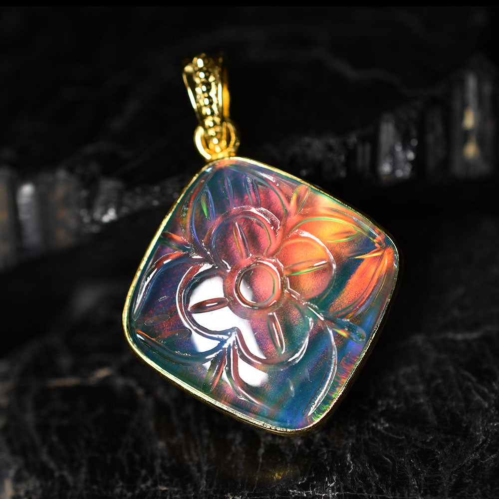 Multicolor 37.55Ct Natural Opal CERTIFIED 18K Gold Plated Square Cushion Pendant