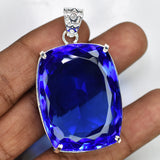 Certified 925 Sterling Silver 138 Ct Lab Created Blue Sapphire Gemstone Pendant