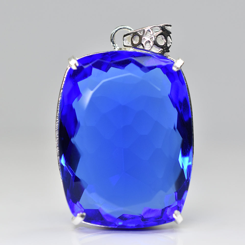 Certified 925 Sterling Silver 138 Ct Lab Created Blue Sapphire Gemstone Pendant
