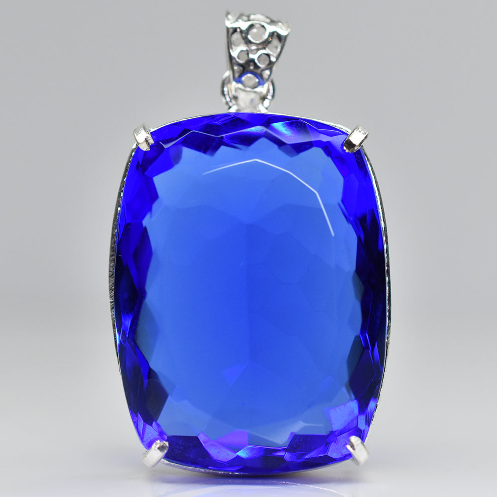 Certified 925 Sterling Silver 138 Ct Lab Created Blue Sapphire Gemstone Pendant