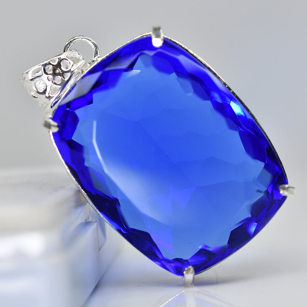 Certified 925 Sterling Silver 138 Ct Lab Created Blue Sapphire Gemstone Pendant