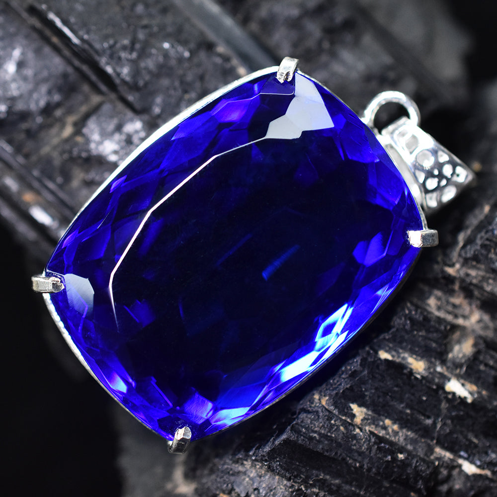 Certified 925 Sterling Silver 138 Ct Lab Created Blue Sapphire Gemstone Pendant