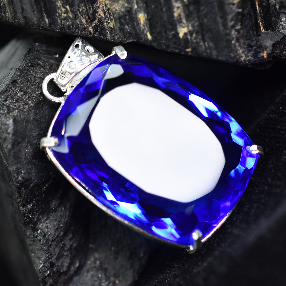 Certified 925 Sterling Silver 138 Ct Lab Created Blue Sapphire Gemstone Pendant