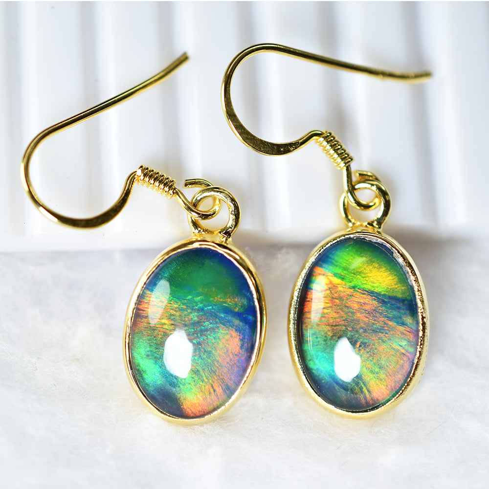18K Gold Plated 27.75Ct Natural Multicolor Opal CERTIFIED Oval Gem Earring Pair