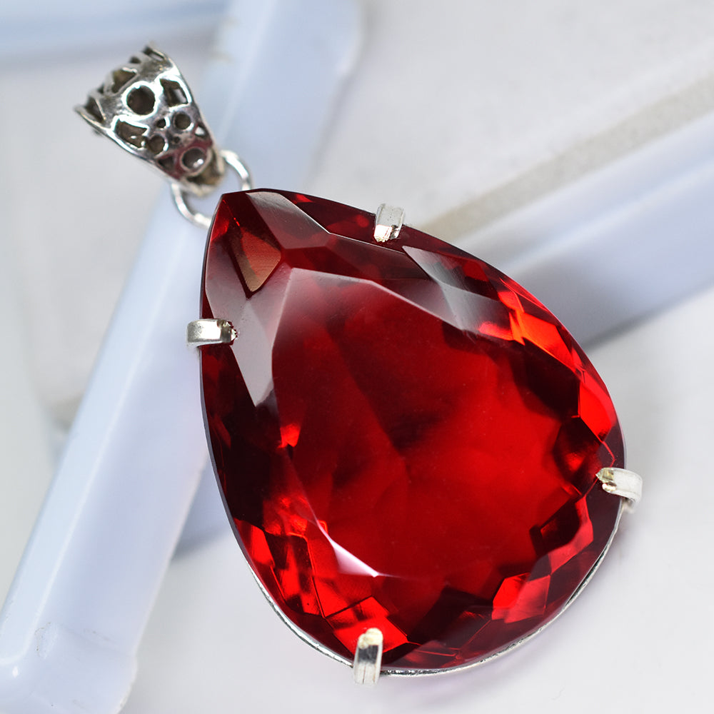 Brazilian Red Topaz 107.35 Ct Pear Cut Natural CERTIFIED Gemstone Silver Pendant