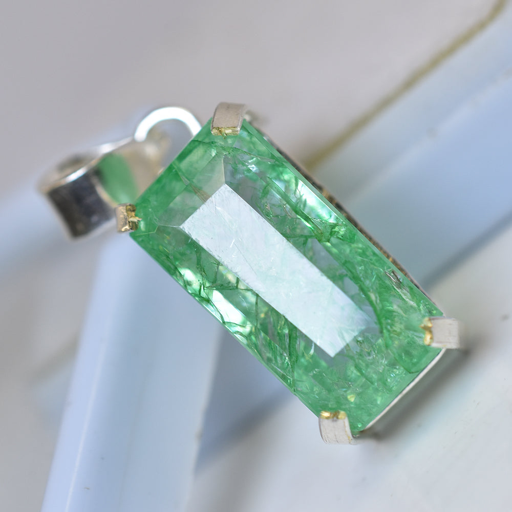 A+ CERTIFIED 45 Ct Natural Green Emerald 925 Sterling Silver Emerald Cut Pendant