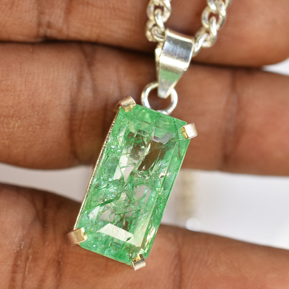 A+ CERTIFIED 45 Ct Natural Green Emerald 925 Sterling Silver Emerald Cut Pendant