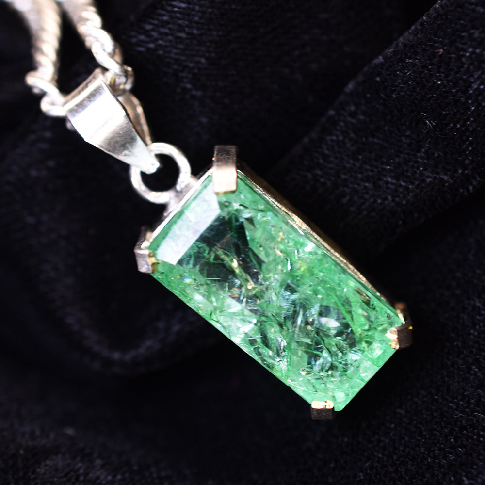A+ CERTIFIED 45 Ct Natural Green Emerald 925 Sterling Silver Emerald Cut Pendant