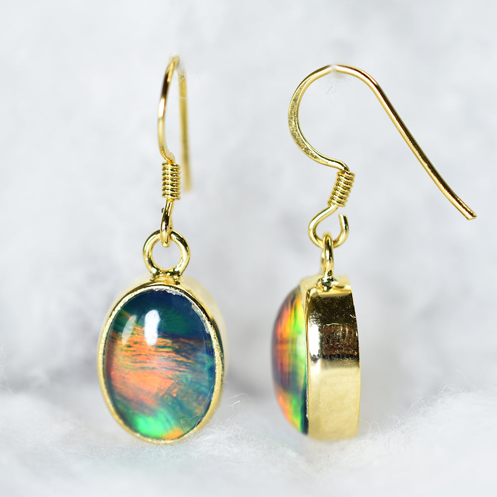 18K Gold Plated 27.75Ct Natural Multicolor Opal CERTIFIED Oval Gem Earring Pair