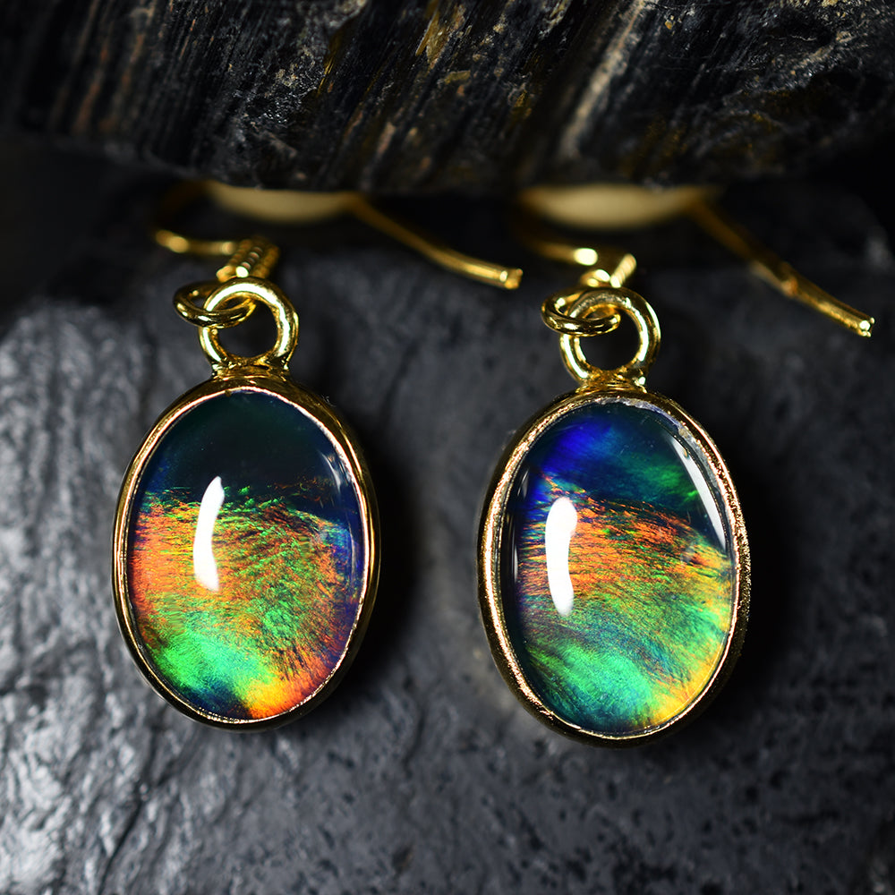 18K Gold Plated 27.75Ct Natural Multicolor Opal CERTIFIED Oval Gem Earring Pair