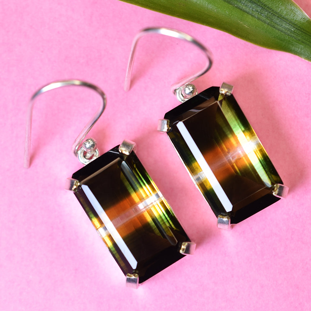 54.75 Ct NATURAL Tourmaline CERTIFIED Bi-Color Emerald Earring Pair Gemstone