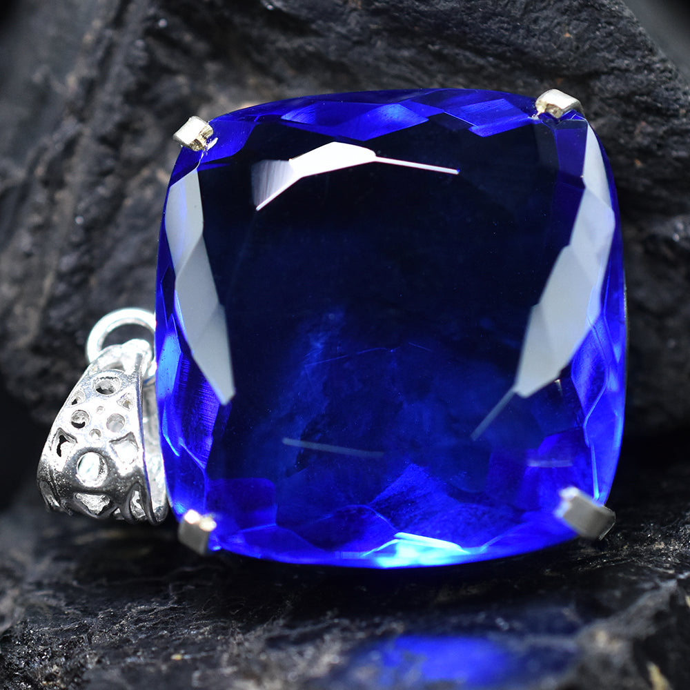 CERTIFIED Blue Tanzanite Square Cushion Cut 91.90 Ct Lab Created Pendant Gems