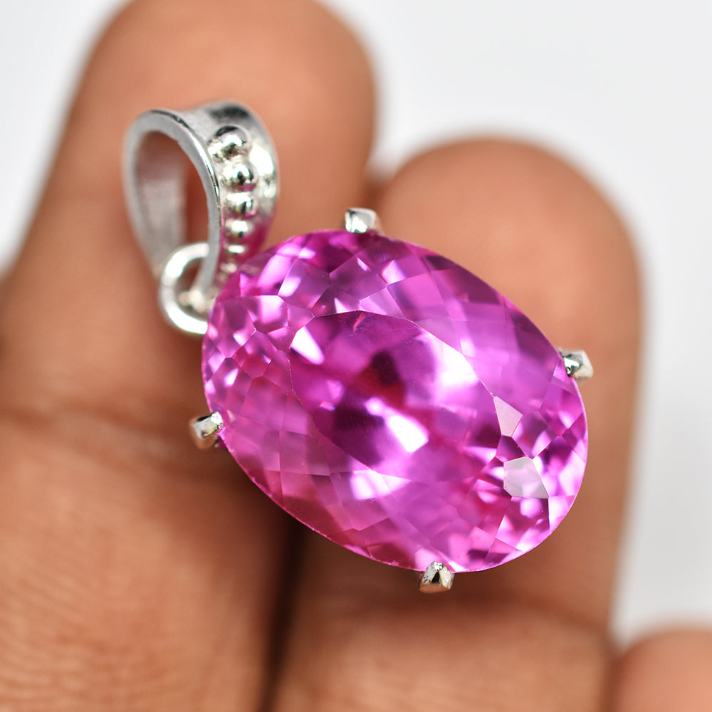 29.55 Ct NATURAL Pink Sapphire 925 CERTIFIED Sterling Silver Oval Shape Pendant