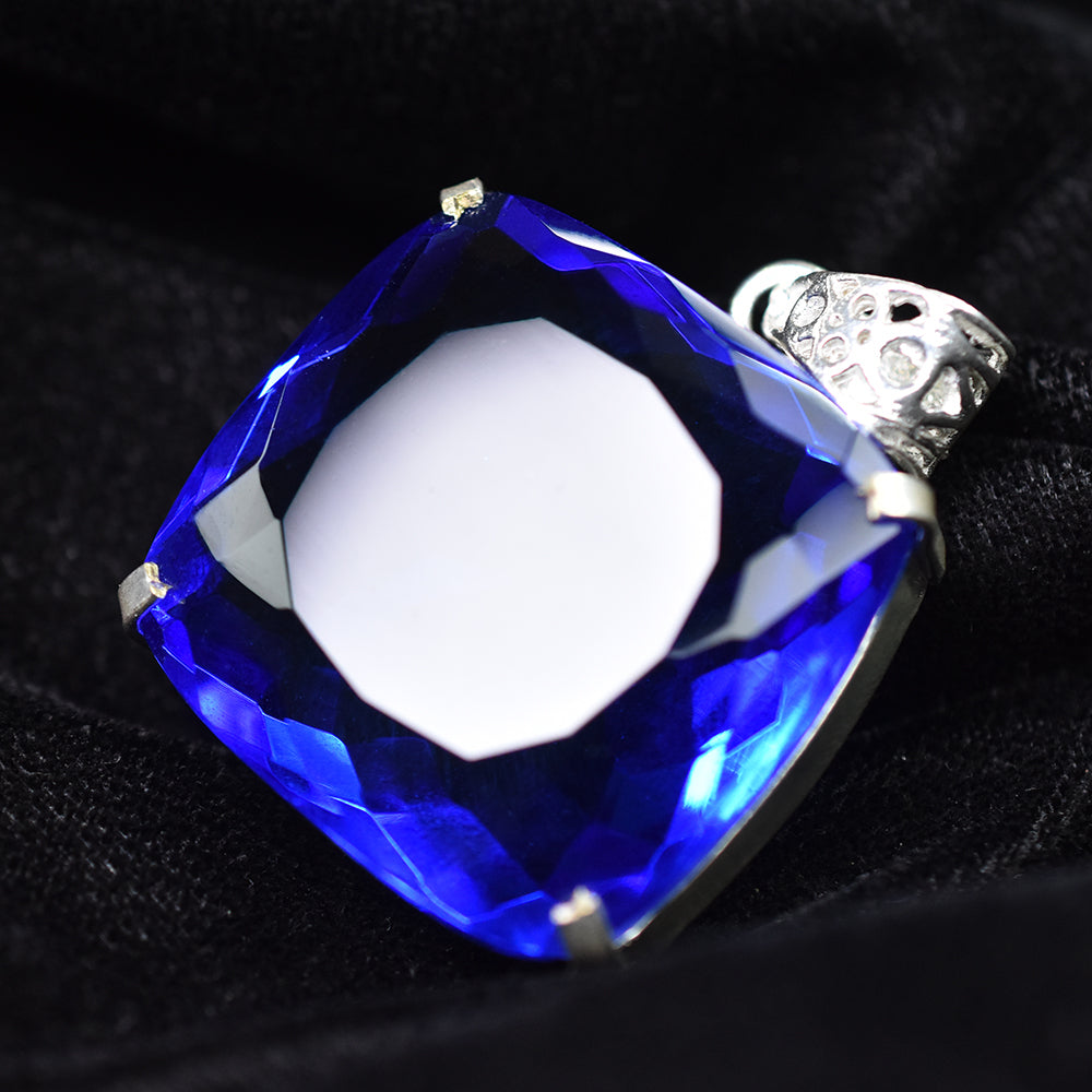 CERTIFIED Blue Tanzanite Square Cushion Cut 91.90 Ct Lab Created Pendant Gems