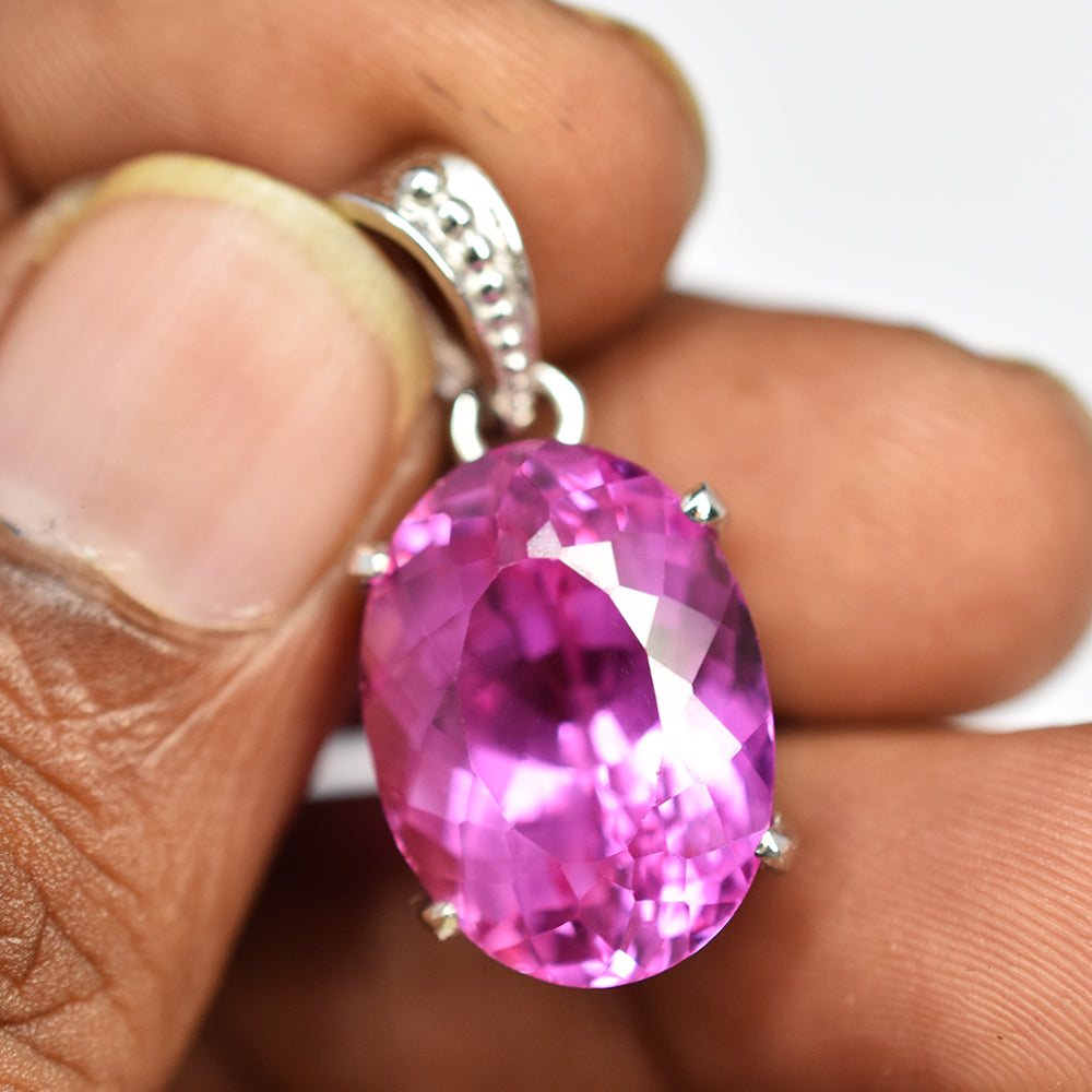 29.55 Ct NATURAL Pink Sapphire 925 CERTIFIED Sterling Silver Oval Shape Pendant