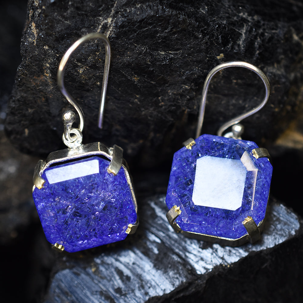 925 Sterling Silver Earring 77 Ct Purple Tanzanite Natural Square Certified Gems