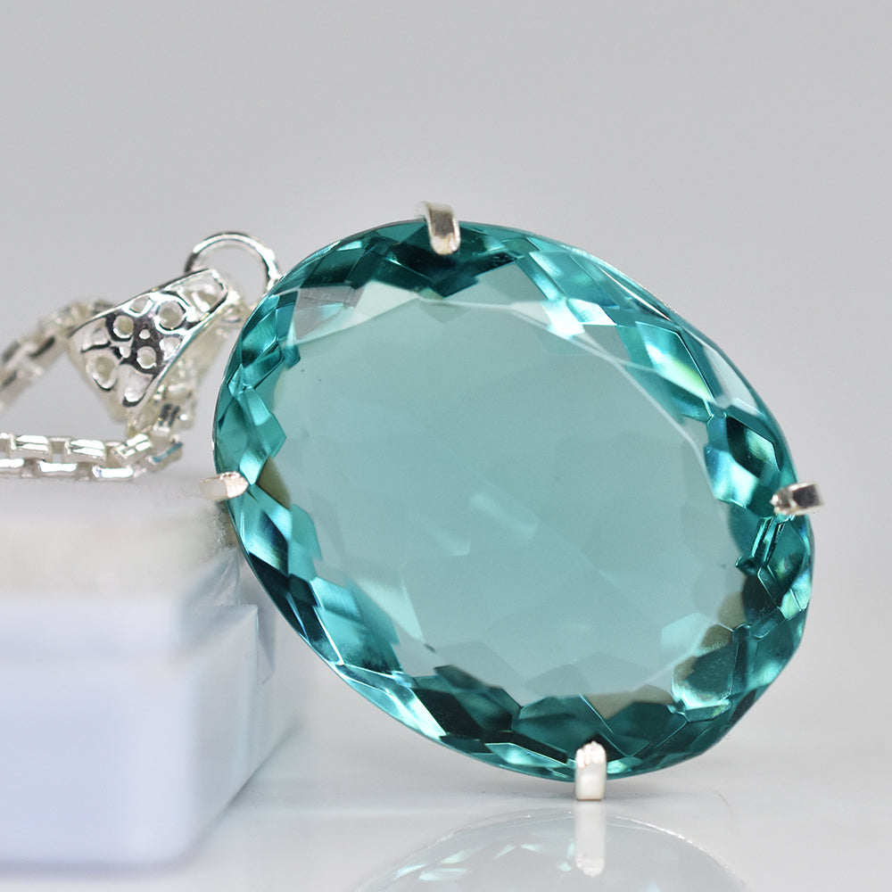 925 Sterling Silver Oval Pendant Aquamarine 137 Ct Certified Lab Created Gems