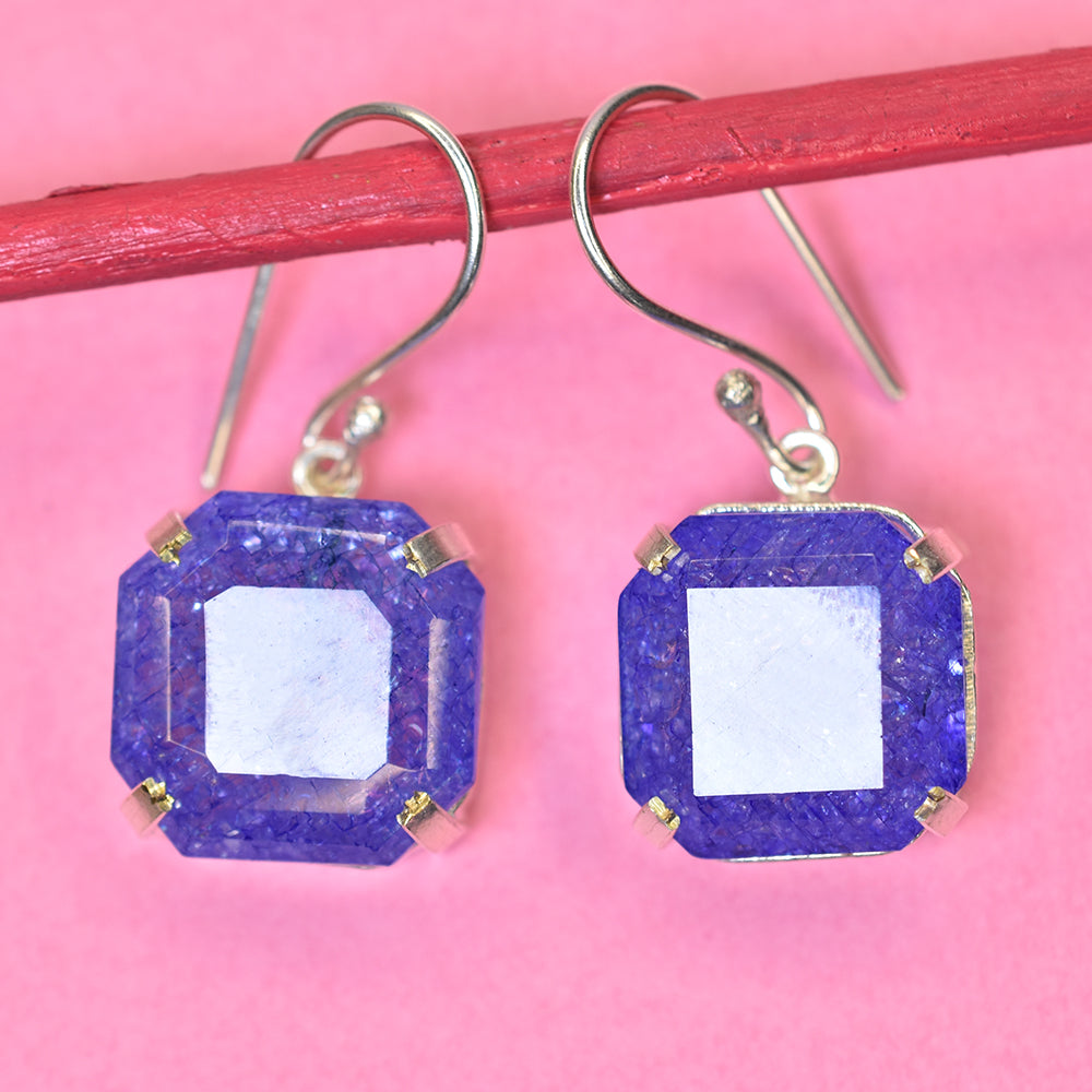 925 Sterling Silver Earring 77 Ct Purple Tanzanite Natural Square Certified Gems