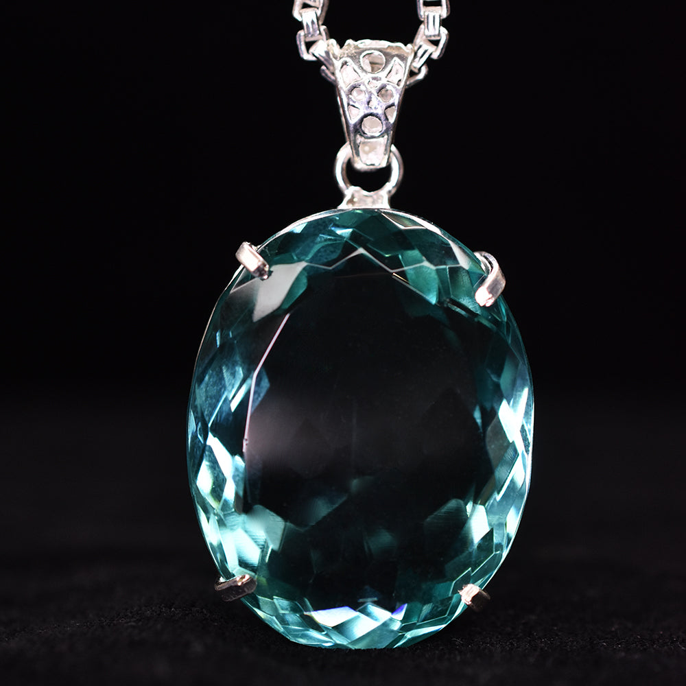 925 Sterling Silver Oval Pendant Aquamarine 137 Ct Certified Lab Created Gems
