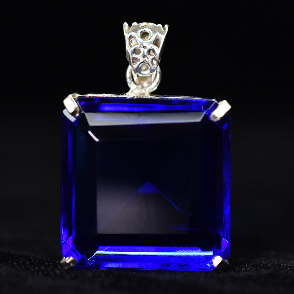 Lab Created Blue Sapphire 99Ct Square 925 Sterling Silver Certified Gems Pendant