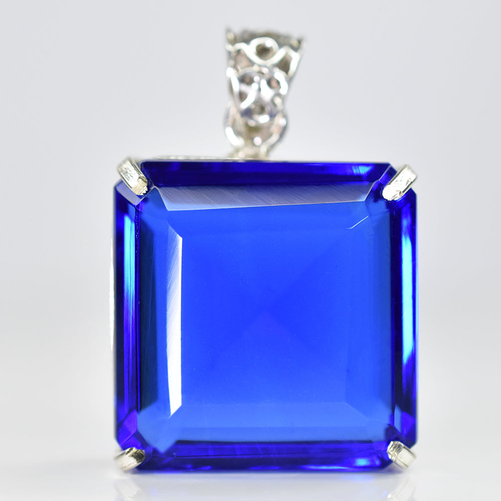 Lab Created Blue Sapphire 99Ct Square 925 Sterling Silver Certified Gems Pendant