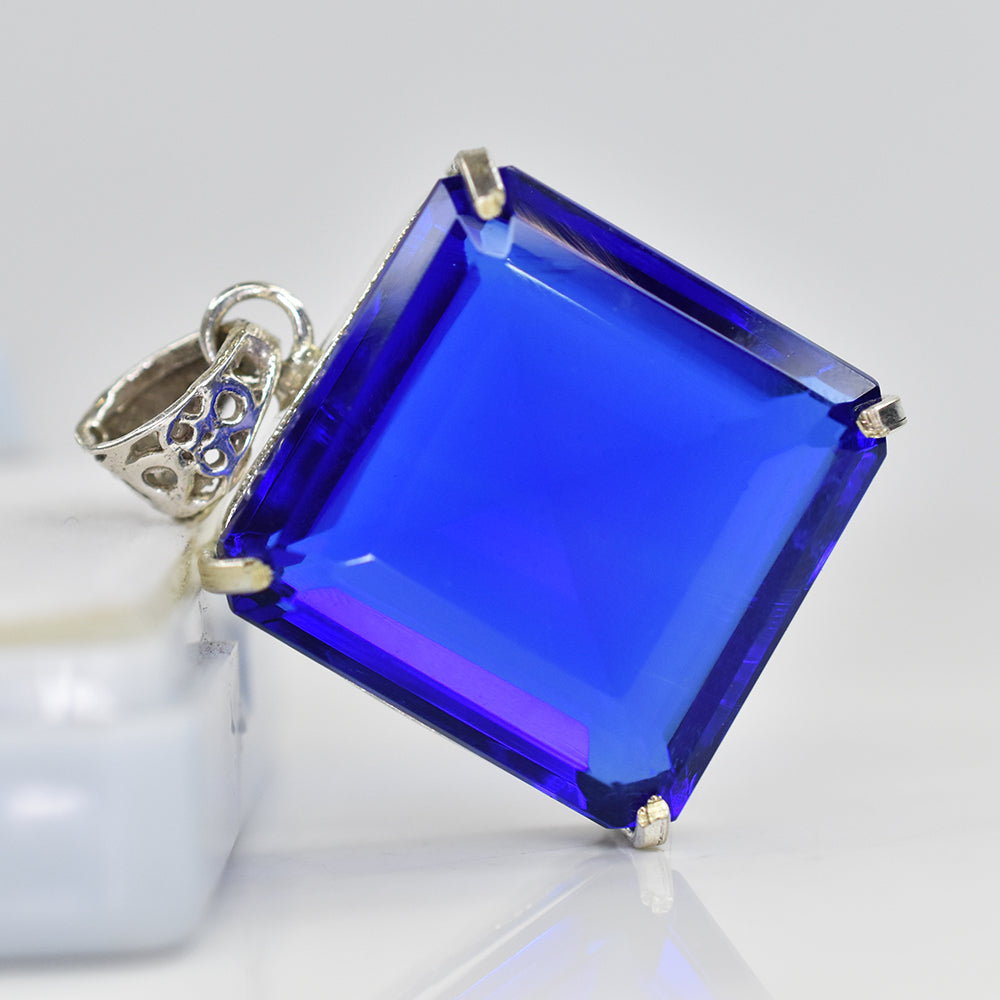 Lab Created Blue Sapphire 99Ct Square 925 Sterling Silver Certified Gems Pendant