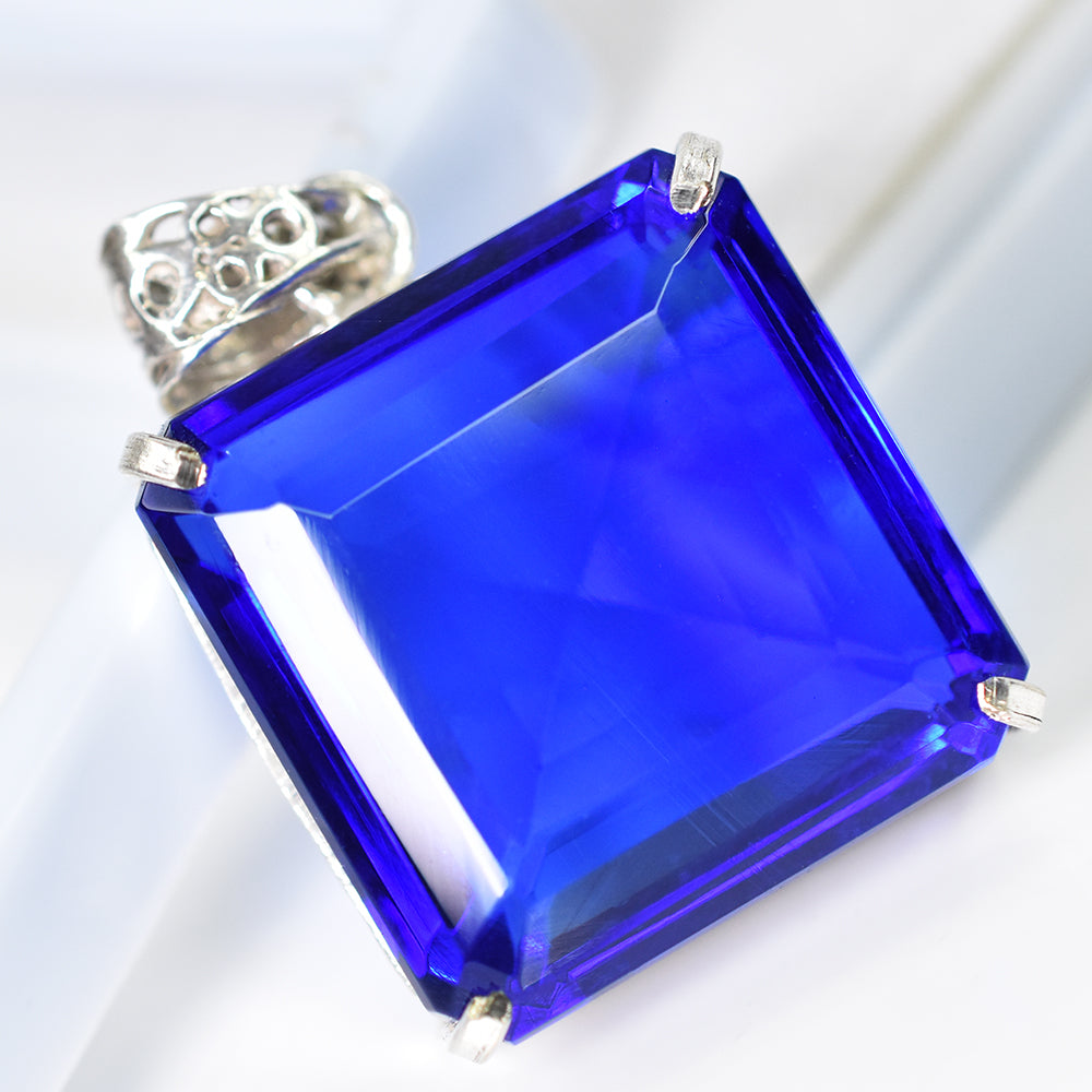 Lab Created Blue Sapphire 99Ct Square 925 Sterling Silver Certified Gems Pendant