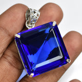 Lab Created Blue Sapphire 99Ct Square 925 Sterling Silver Certified Gems Pendant