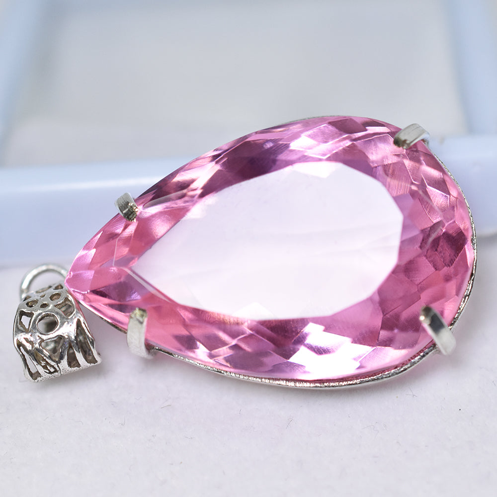 Lab Created Silver Pink Sapphire 116.15 Ct CERTIFIED Pear Cut Gemstone Pendant