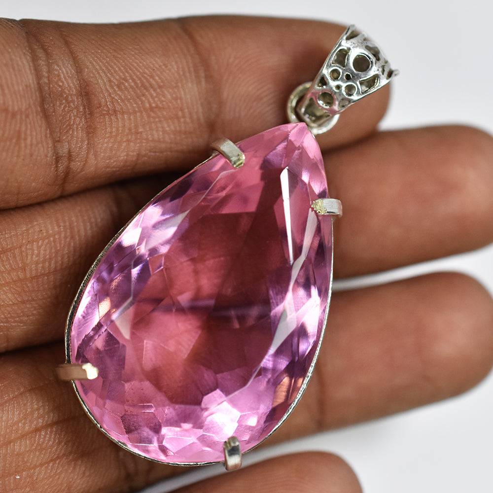Lab Created Silver Pink Sapphire 116.15 Ct CERTIFIED Pear Cut Gemstone Pendant