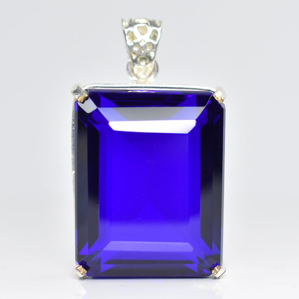 CERTIFIED Silver Pendant 170.15 Ct Lab Created Emerald Blue Tanzanite Gemstone