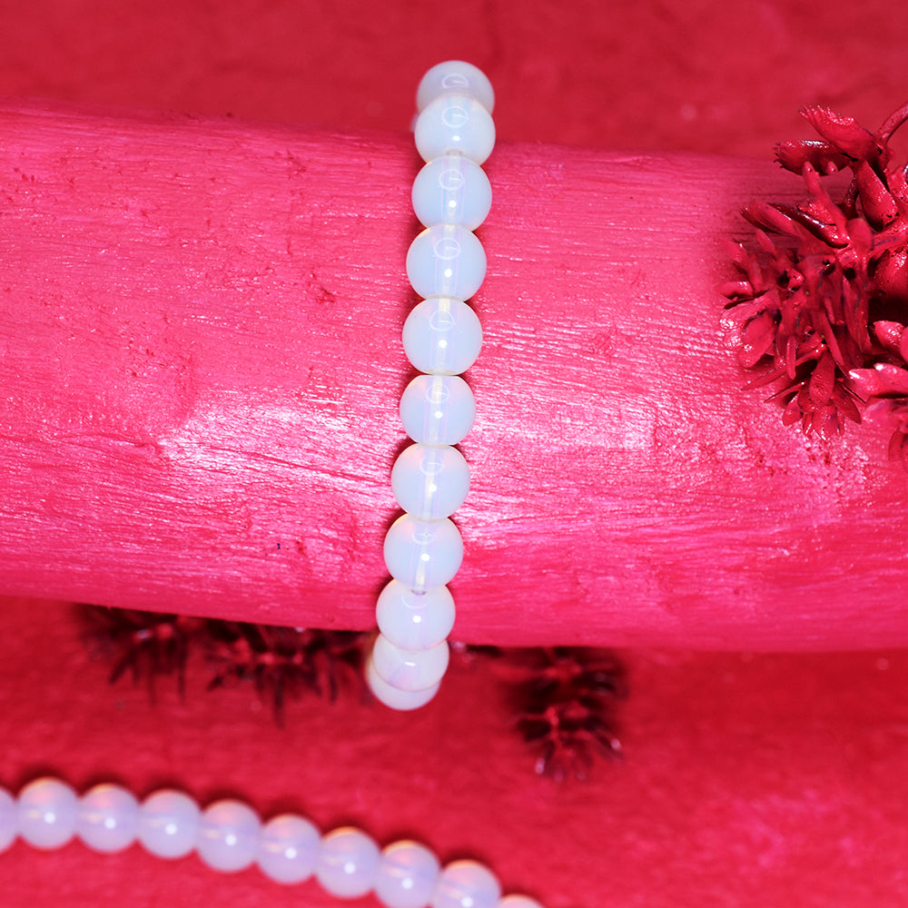 77.40 Ct Certified Milky White & Blue Opalite Bracelet 24 Round Beads Party Wear