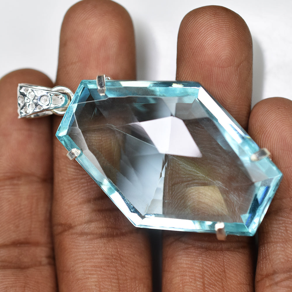 CERTIFIED Lab Created 126 Ct Aquamarine Fancy 925 Sterling Silver Pendant Gems