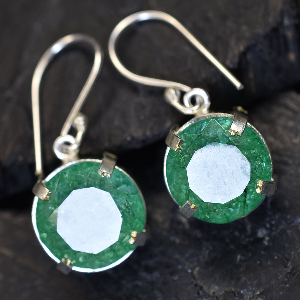 Beautiful Natural Green Emerald 62Ct CERTIFIED Round Earring 925 Sterling Silver