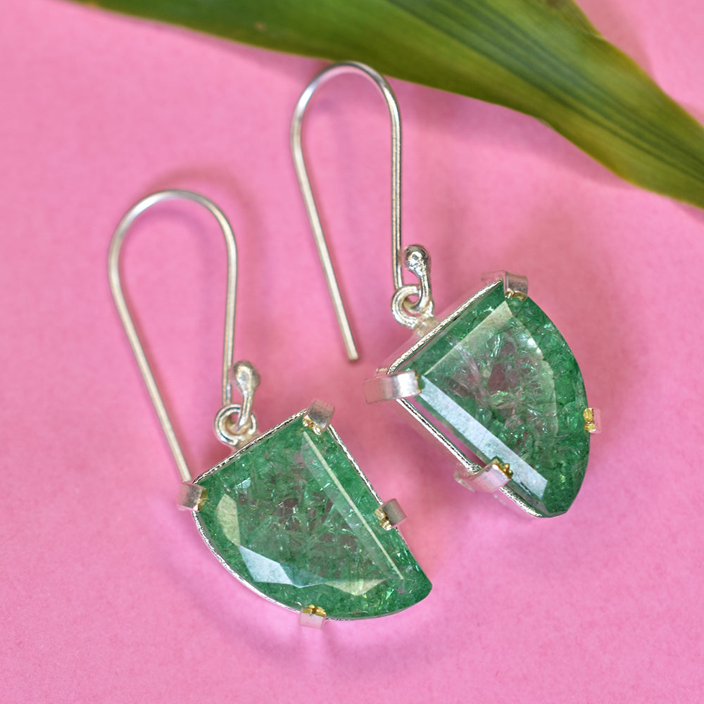 A+ CERTIFIED 925 Sterling Silver 57 Ct Natural Green Emerald Stone Fancy Earring