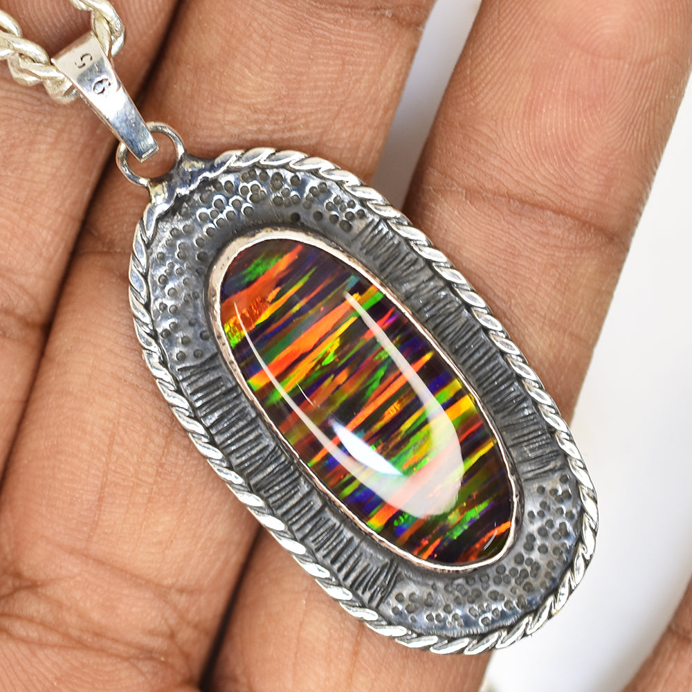 CERTIFIED Natural Fire Opal 43 Ct Multicolor 925 Sterling Silver Gems Pendant