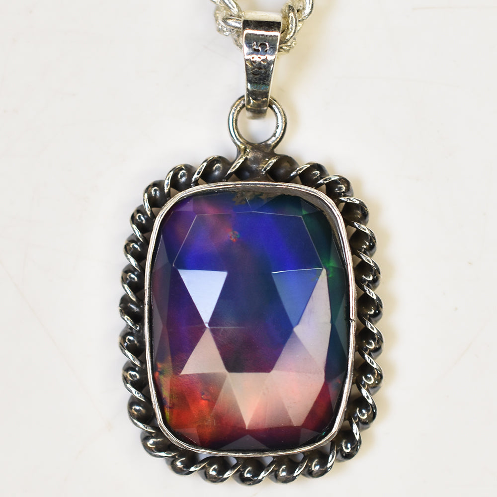 CERTIFIED Natural Opal Cushion Cut 35.65 Ct Certified Sterling Silver Pendant