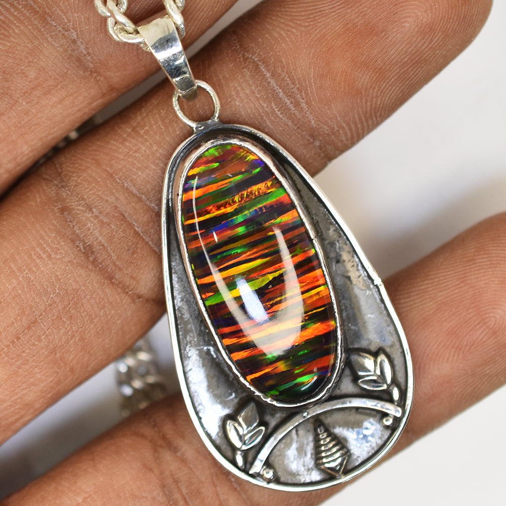 925 Sterling Silver 46 Ct Natural Beautiful Opal Gemstone Oval Pendant Certified
