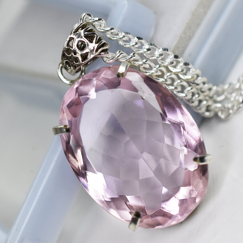 Lab Created 95.3 Ct CERTIFIED Pink Sapphire 925 Sterling Silver Oval Pendant