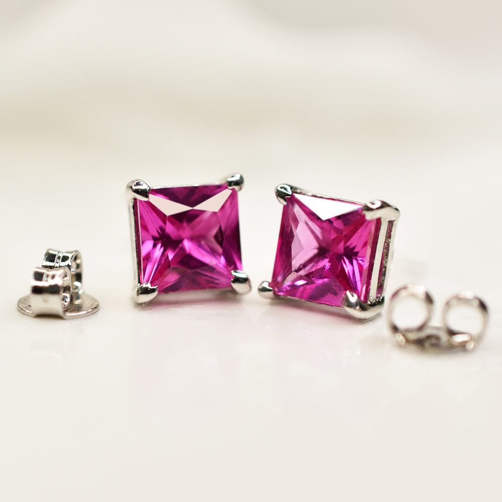 Natural CERTIFIED 13.35 Ct Stunning Pink Ruby Square Cut Gemstone Earring Pair
