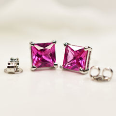 Natural CERTIFIED 13.35 Ct Stunning Pink Ruby Square Cut Gemstone Earring Pair