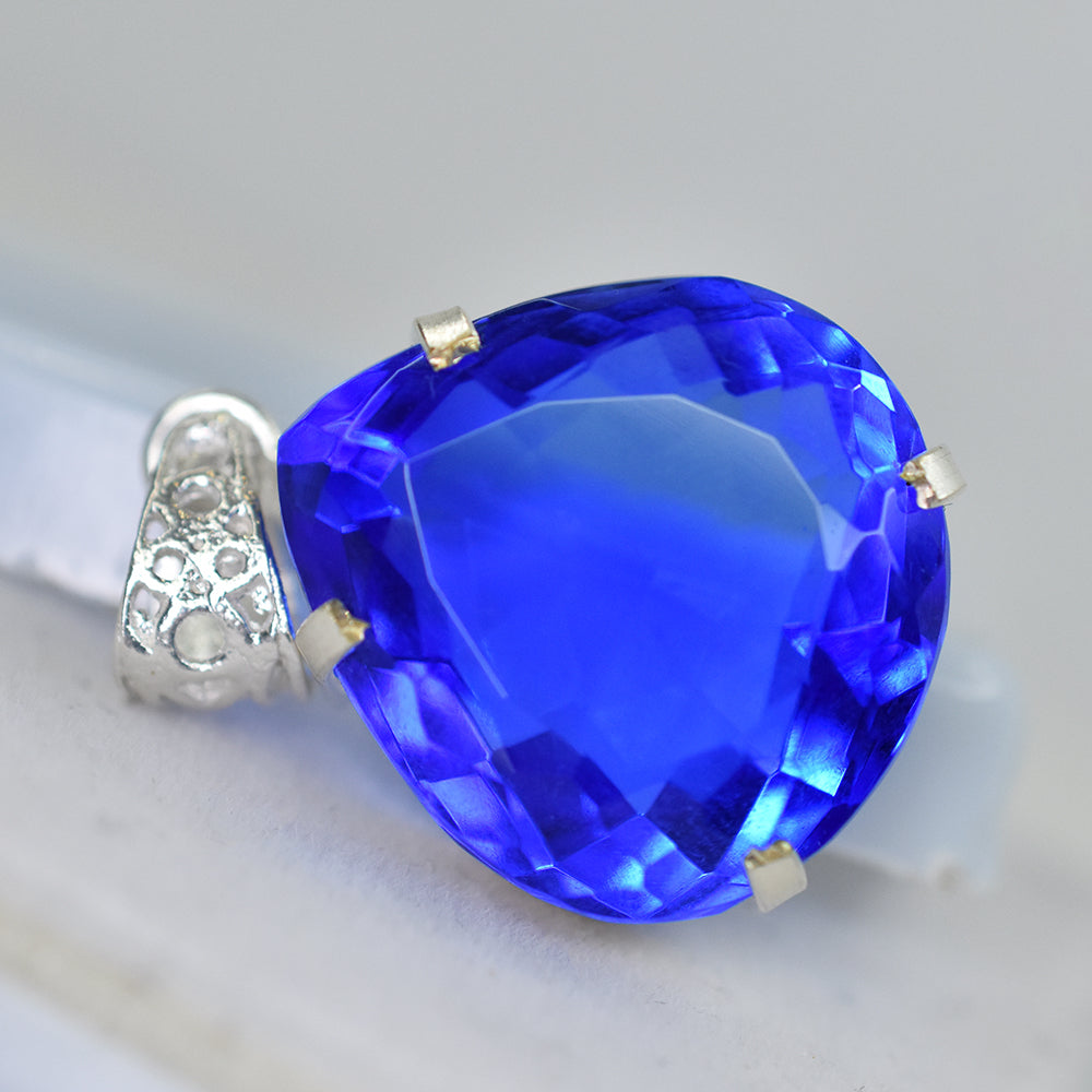 Lab Grown 55 Ct CERTIFIED Sapphire 925 Sterling Silver Blue Pear Gems Pendant