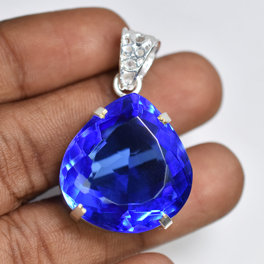 Lab Grown 55 Ct CERTIFIED Sapphire 925 Sterling Silver Blue Pear Gems Pendant