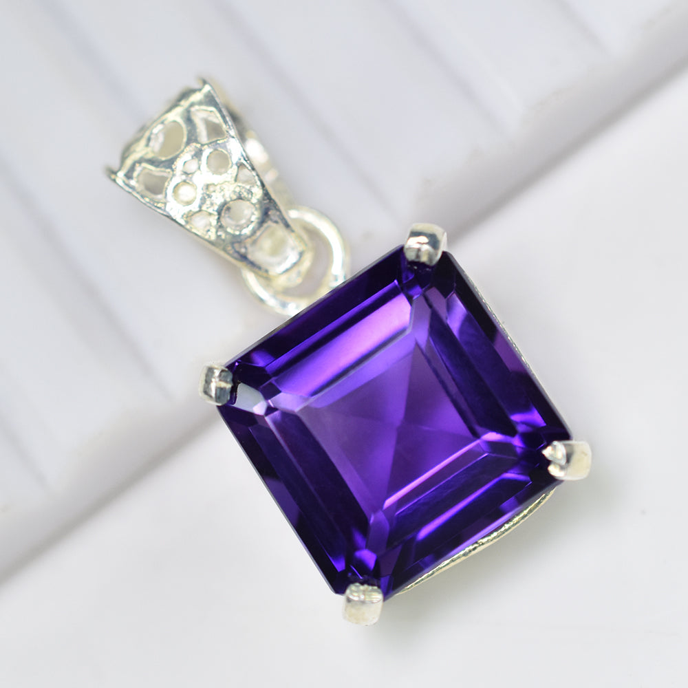 925 Sterling Silver CERTIFIED Natural Purple Amethyst 28 Ct Square Gems Pendant