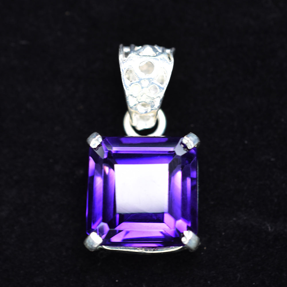 925 Sterling Silver CERTIFIED Natural Purple Amethyst 28 Ct Square Gems Pendant