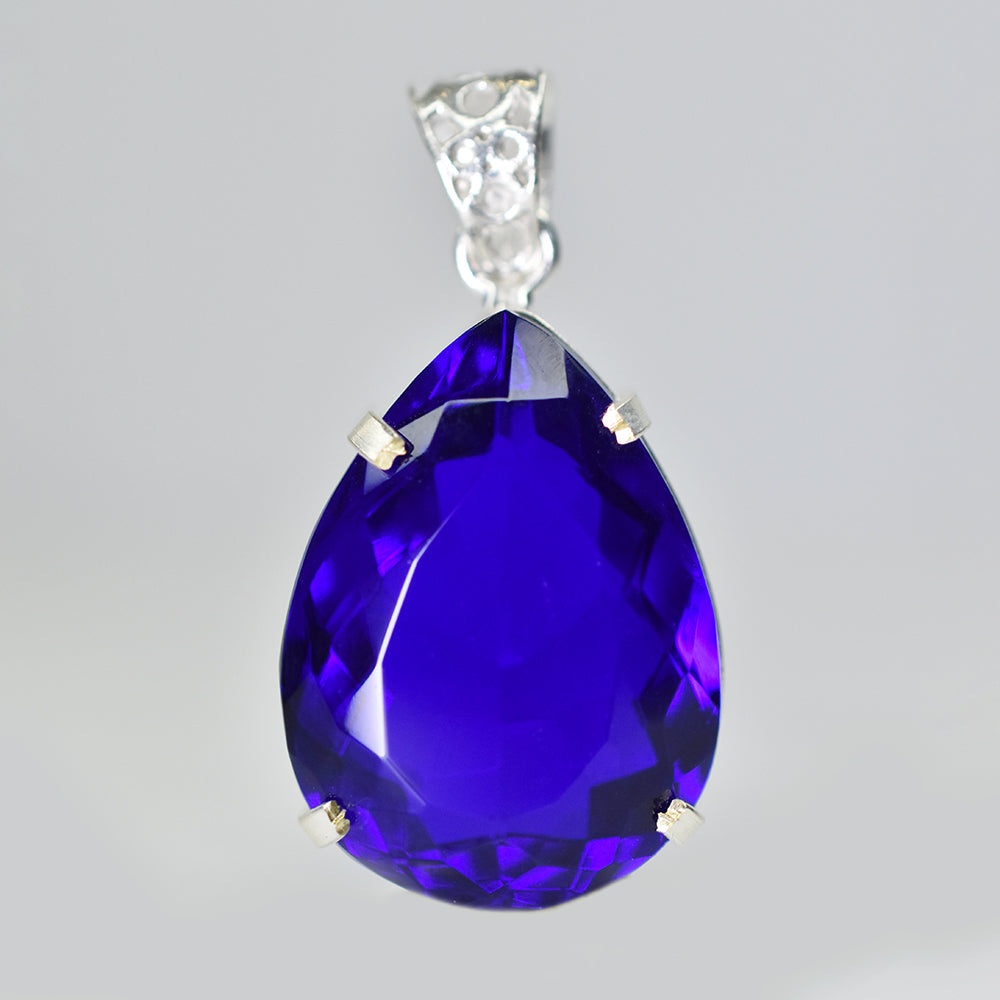 925 Sterling Silver 63.25 Ct CERTIFIED Topaz Pendant Pear Cut Blue Gemstone